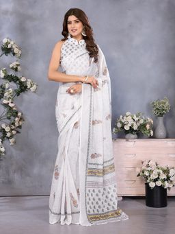 Elora - White Block Printed Ready To Wear Saree With Unstitched Blouse