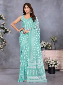 Elora - Light Green Block Printed Ready To Wear Saree With Unstitched Blouse