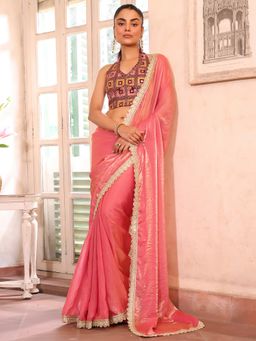 Modeva - Women Pink Tissue Solid Saree with Unstitched Blouse