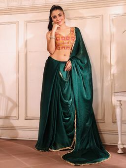Modeva - Women Green Tissue Solid Saree with Unstitched Blouse