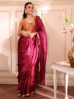 Modeva - Women Pink Organza Solid Saree with Unstitched Blouse