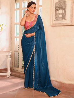 Modeva - Women Blue Tissue Solid Saree with Unstitched Blouse