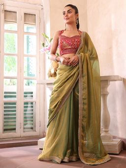 Modeva - Women Green Chiffon Solid Saree with Unstitched Blouse