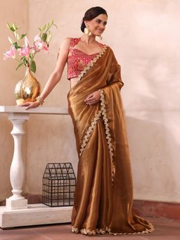 Modeva - Women Gold Organza Solid Saree with Unstitched Blouse