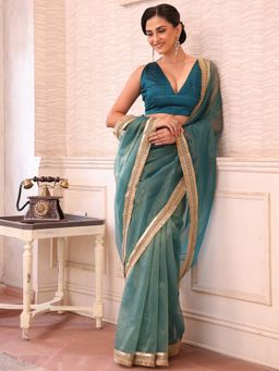 Modeva - Women Blue Organza Solid Saree with Unstitched Blouse