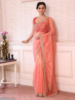 Modeva - Women Peach Organza Solid Saree with Unstitched Blouse