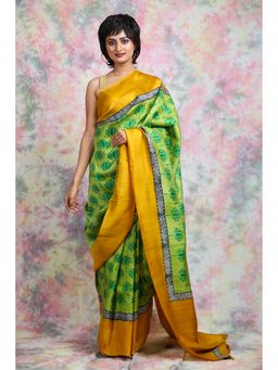 CHARUKRITI - Women Green Silk Floral Saree with Unstitched Blouse