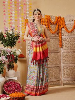 Silk Land - Women Multi-Color Cotton Silk Printed Saree with Unstitched Blouse