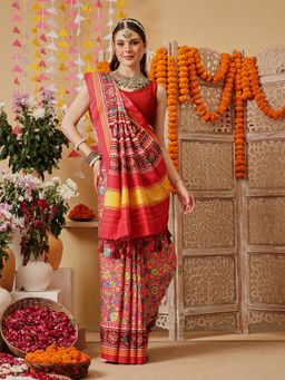 Silk Land - Women Multi-Color Cotton Silk Printed Saree with Unstitched Blouse