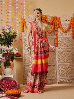 Silk Land - Women Multi-Color Cotton Silk Printed Saree with Unstitched Blouse