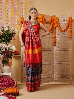 Silk Land - Women Teal Cotton Silk Printed Saree with Unstitched Blouse