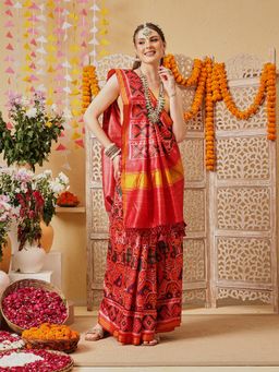 Silk Land - Women Multi-Color Cotton Silk Printed Saree with Unstitched Blouse