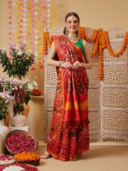 Silk Land - Women Mustard Cotton Silk Printed Saree with Unstitched Blouse