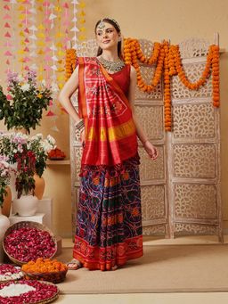 Silk Land - Women Blue Cotton Silk Printed Saree with Unstitched Blouse