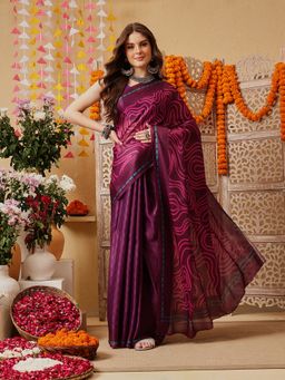 Silk Land - Women Purple Satin Printed Saree with Unstitched Blouse