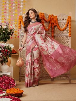 Silk Land - Women Pink Silk Printed Saree with Unstitched Blouse