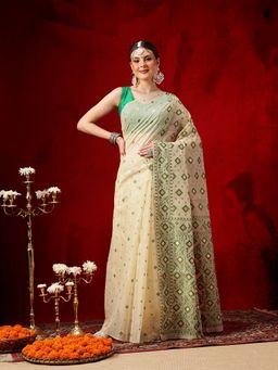 Silk Land - Women Beige Cotton Geometric Saree with Unstitched Blouse