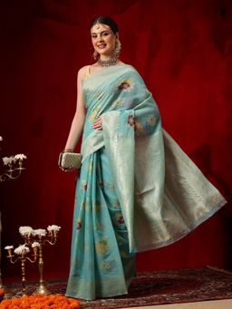 Silk Land - Women Teal Cotton Floral Saree with Unstitched Blouse
