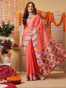 Silk Land - Women Peach Cotton Geometric Saree with Unstitched Blouse