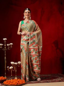 Silk Land - Women Beige Cotton Geometric Saree with Unstitched Blouse
