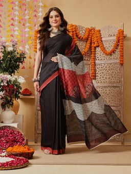 Silk Land - Women Black Floral Pre-Draped Saree with Unstitched Blouse