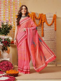 Silk Land - Women Pink Floral Pre-Draped Saree with Unstitched Blouse