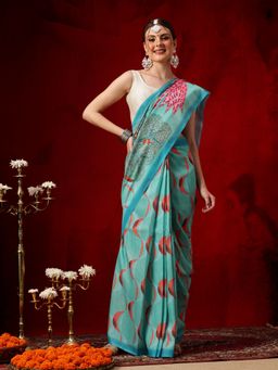 Silk Land - Women Teal Floral Pre-Draped Saree with Unstitched Blouse