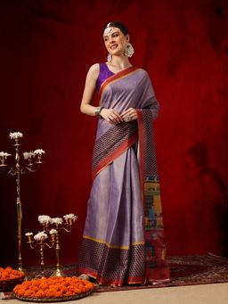 Silk Land - Women Lavender Floral Pre-Draped Saree with Unstitched Blouse
