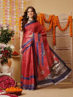 Silk Land - Women Red Floral Pre-Draped Saree with Unstitched Blouse