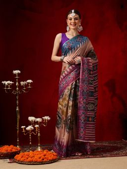 Silk Land - Women Beige Floral Pre-Draped Saree with Unstitched Blouse