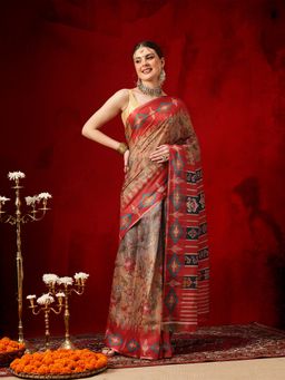 Silk Land - Women Red Floral Pre-Draped Saree with Unstitched Blouse