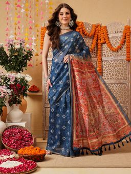 Silk Land - Women Blue Floral Pre-Draped Saree with Unstitched Blouse
