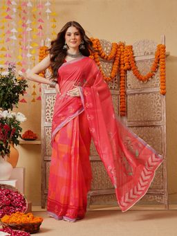 Silk Land - Women Pink Floral Pre-Draped Saree with Unstitched Blouse