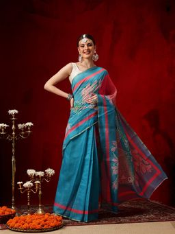 Silk Land - Women Teal Floral Pre-Draped Saree with Unstitched Blouse