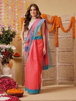 Silk Land - Women Pink Floral Pre-Draped Saree with Unstitched Blouse