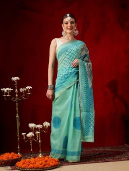 Silk Land - Women Green Floral Pre-Draped Saree with Unstitched Blouse