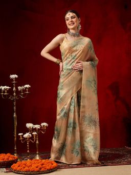 Silk Land - Women Beige Cotton Silk Floral Pre-Draped Saree with Unstitched Blouse