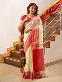 Teejh - Women Off White Cotton Woven Saree with Unstitched Blouse