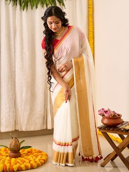 Teejh - Women Off White Cotton Woven Saree with Unstitched Blouse