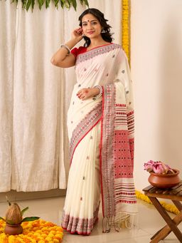 Teejh - Women Off White Cotton Silk Floral Saree with Unstitched Blouse