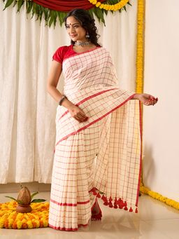 Teejh - Women Off White Cotton Checks Saree with Unstitched Blouse