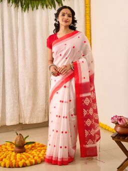 Teejh - Women White Cotton Geometric Saree with Unstitched Blouse