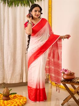 Teejh - Women White Cotton Woven Saree with Unstitched Blouse