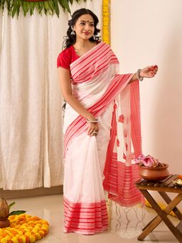 Teejh - Women White Cotton Stripes Saree with Unstitched Blouse