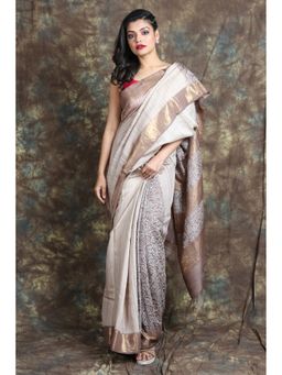 CHARUKRITI - Women Beige Tussar Printed Saree with Unstitched Blouse