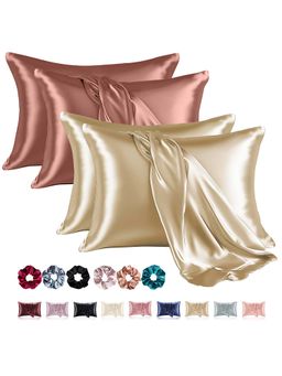 Kuber Industries - Multi-Color Soft Satin Pillow Covers with 3 Scrunchies (Pack of 4) (28 x 18 inch)