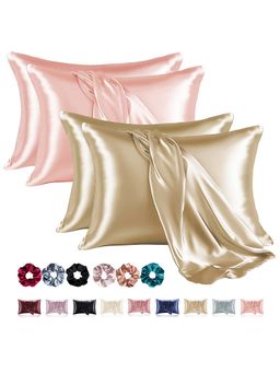 Kuber Industries - Multi-Color Soft Satin Pillow Covers with 3 Scrunchies (Pack of 4) (28 x 18 inch)