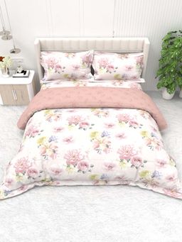 the White Moss - Pink Reversible Bed Comforter Bedsheet & 2 Pillow Covers (Pack of 4) (Double)