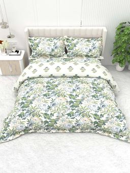 the White Moss - Green Reversible Comforter and Bedsheet & 2 Pillow Covers (Pack of 4) (Double)