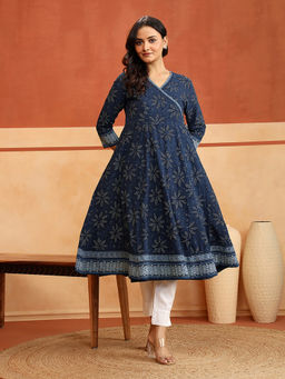 Fabindia - Women Indigo Printed Floral Angarkha Style Kurta